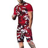 Xmiral Herren 3D Kurzarm Anzug Shorts Beach Tropical HawaiianSS Body Sport Shorts Anzug Sportanzug Herren Sommeranzug (Rot #2,Rot #2)