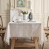Gernaice Rustikale bestickte Tischdecke, Gitter, rechteckig, Quaste, Tischabdeckung, staubdicht, für Küche, Esszimmer, Picknick, Party, Weihnachten, Urlaub (rechteckig/länglich, 140 x 178 cm, Weiß)
