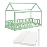 Juskys Kinderbett Marli 90 x 200 cm mit Matratze, Rausfallschutz, Lattenrost & Dach - Massivholz Hausbett für Kinder - Bett in Mint