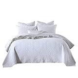 Cotton Quilted Bedspread Throw White 3 Piece Cotton Embroidered Floral Patchwork Bed Spread Super King Size Soft Quilt Coverlet 230x250cm with 2 Pillowcase 50x70cm