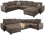 Wohnlandschaft U-Form, Gästebett mit Bettkasten, verstellbare Kopfstützen, Sofa mit Schlaffunktion, Relaxsofa, ca. 354 cm breit, Schenkelmaß 190/265 cm, Couch mit Microfaserstoff in Braun | 15111