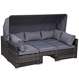 Outsunny Rattan Lounge Set, Sitzgruppe mit Sonnendach, Garten Loungegruppe, inkl. Kissen und Beistelltisch, Metall, Grau, 215 x 75 x 64 cm