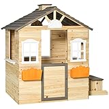 Outsunny Spielhaus für Kinder Holz Kinderspielhaus mit Fenster Briefkasten Outdoor Gartenspielhaus mit Blumentopfrack Holzspielhaus für 3-7 Jahre Tannenholz Natur 113 x 94 x 134,5 cm