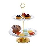 Relaxdays Etagere, Glas & Eisen, HxD: 30 x 23 cm, runder Servierständer, 2 Etagen, Cupcake Ständer, transparent/gold