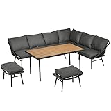 Outsunny Rattan Gartenmöbel-Set, 5-TLG. Sitzgarnitur mit Kissen, Gartengarnnitur mit 2 Dreier-Bank, 1 Tisch, 1 Hocker, Terrassenmöbel-Set, Stahlrahmen, Schwarz