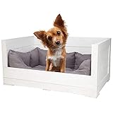 Obstkisten Online Weiße Holzkiste mit grauem Stoffbett 90x57x45cm - Hundekorb