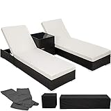 TecTake 2er Lounge Sonnenliegen Set Plus Tisch – inkl. 2 Bezugsets und Schutzhülle, Outdoor Poly Rattan Gartenmöbel Set, 2X Gartenliege wetterfest - schwarz