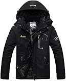 Memoryee Herren Ski Jacke Warmer Gefüttert Winter Fleece Mantel Wasserdichter mit Abnehmbarer Kapuze Outdoorjacke/Black/L