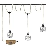 Enyhom Vintage Pendelleuchte 3-flammig Deckenlampe, Retro Hanfseil Kabel Hängeleuchte E27 Lampenfassung mit EU Stecker & Schalter, Kronleuchter Hängelampe mit Schwarz Lampenschirm （Ohne Glühbirne）