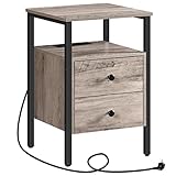 HOOBRO Nachttisch, Couchtisch mit Steckdosen und USB-Anschlüsse, Beistelltisch mit Schubladen und Ablagefläche für Wohnzimmer, Schlafzimmer, einfach zu montieren, Greige-Schwarz EBG43CBZ01G2