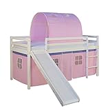 Homestyle4u 1567, Kinderbett 90x200 Weiß, Hochbett mit Rutsche Vorhang Tunnel Rosa, Holz Kiefer