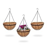 Relaxdays Blumenampel, 3 Körbe, HxD: 50x31 cm, Hängepflanzen, innen & außen, Kokoseinlage, Metallgestell, braun/schwarz