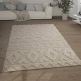 Paco Home Hochflor Teppich Wohnzimmer Shaggy 3D Optik Ethno Boho Vintage Look Weich, Grösse:80x150 cm, Farbe:Creme 4