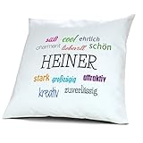 Kopfkissen mit Namen Heiner - Motiv Positive Eigenschaften, 40 cm, 100% Baumwolle, Kuschelkissen, Liebeskissen, Namenskissen, Geschenkidee, Deko