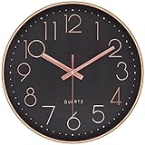 LENAUQ Stille Wanduhr, 12 Zoll batteriebetriebene Nicht tickende arabische Ziffernuhr, runde dekorative Uhr für Zuhause Küche Café Hotel Büroeinrichtung (Schwarz-Roségold)