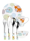 Puresigns ONE Woody Kindergeschirr Tiere Porzellan Kinderbesteck Edelstahl Poliert Silber 7-teilig