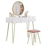 EUGAD Schminktisch mit Hocker und Spiegel, 360° schwenkbar Schminkspiegel, Frisiertisch Kosmetiktisch mit 3 Schubladen, gepolsterte Samthocker, 3D Effekt Schublade, Weiß und golden