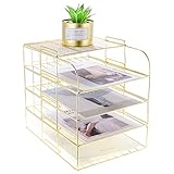 MORIGEM 4-Stück Schreibtisch A4 Ablage Briefablage, Stapelbare Briefablage Schreibtisch Dokumentenfach, Papierablage aus Metalldraht für Zuhause, Schule und Büro, Gold Schreibtischablage Organizer