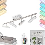 LED Deckenleuchte Vehkala, dimmbare Deckenlampe aus Metall/Kunststoff in Nickel-matt/Weiß, verstellbare Zimmerlampe m. Fernbedienung u. RGB Farbwechsler, 4 x LED 3,5 Watt, 3000 Kelvin, 1280 Lumen
