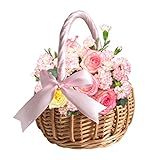 Blumenmädchenkorb, gewebter Blumenmädchenkorb mit Griff Weidenkorb Korb Rattan Blumenkorb Süßigkeit Aufbewahrungskorb für Hochzeitsfeier Dekor S Pink