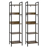 EUGAD Bücherregal mit 5 Ebenen, Standregal industriell, freistehendes Regal, Aufbewahrungsregal fürBüro Wohnzimmer Schlafzimmer Küche,mit 4 Haken, Schwarz +Vintage Holzoptik, 40x30x152,5cm