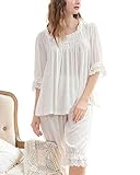 Guugoo Frauen-Jacquard-Spitze-Trim-Baumwolle-Pyjama-Set U-Neck-Tops und elastische Taille Kurze Nachtwäsche,Wohnzimmer Schlafzimmer