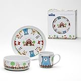 VAN WELL 'Fuchs & Freunde' Kinder-Geschirrset, 3-teiliges Porzellan-Service mit Tiermotiven mit Becher, Schale und Teller, ideal als Geschenk
