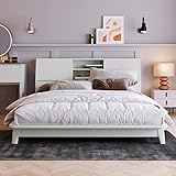 FEZTOY Massivholz Doppelbett mit Stauraum-Kopfteil, Kinderbett Bettgestell Bett mit Lattenrost, Holzbett Jugendbett Funktionsbett, Ohne Matratze(140x200-mit Regal Kopfteil)