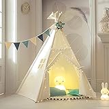 TreeBud Kinder Tipi Zelt mit Matte, fünf Pole Indische Spielzelte Kleinkinder Jungen Mädchen Spielhaus Pom Pom Spitze Baumwolle Leinwand Tipi mit Tragetasche für Indoor Outdoor