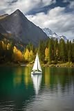 Poster-Bild 80 x 120 cm: Segelboot auf dem See mit Herbstwald und Bergen im Hintergrund (202663461)