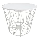 PrimoLiving Design Beistelltisch Weiß mit Deckel - Metall Drahtkorb mit Holzdeckel 'Diagonal' P-840 L 40x35 cm - Korb Couchtisch mit Stauraum Deko Tisch