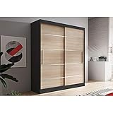 MOEBLO Kleiderschrank Schwebetürenschrank 2-türig Schrank mit vielen Einlegeböden und Kleiderstange Gaderobe Schiebtüren BxHxT 150x200x61 - Lara 6 (Schwarz + Sonoma)