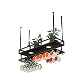 EnixWh Hängendes Weinregal mit Regalen, verstellbares Weinglasregal aus Metall an der Decke, 2-stufiges industrielles Weinglasregal zur Wandmontage, Flaschenregal aus Eisen mit Zwei Lichtern (Gold/