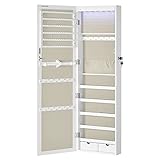 SONGMICS Schmuckschrank hängend, Wandspiegel, 6 LED-Glühbirnen, abschließbarer Spiegelschrank, Wandschrank, Wandmontage, an der Tür hängend, weiß mit Holzmaserung-beige JJC093W01
