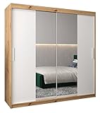 Kryspol Schwebetürenschrank Tokyo 1-200 cm mit Spiegel Kleiderschrank mit Kleiderstange und Einlegeboden Schlafzimmer- Wohnzimmerschrank Schiebetüren Modern Design (Artisan Eiche + Weiß)