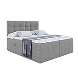 ALTDECOR Boxspringbett mit H3-Matratze (20 cm hoch) mit Bonellfederung + PUR, Topper (4 cm hoch), Polsterbett mit Kopfteil und Bettkasten 180x200 - Grau Inari 91