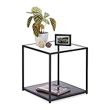 Relaxdays, schwarz Beistelltisch Glas+Holzablage, Metallgestell, robust, quadratisch, Flacher Couchtisch HBT 50x50x50 cm, Standard