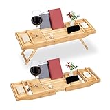 Relaxdays Badewannenablage Bambus, 75-115 cm ausziehbar, Buchstütze & Weinglashalter, Wannentablett mit Füßen, Natur