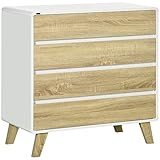 HOMCOM Kommode mit 4 Schubladen, Sideboard, Schubladenschrank mit erhöhtem Design, Beistellschrank, Nachttisch für Wohnzimmer, Schlafzimmer, Kippschutz, Weiß+Eiche, 80 x 40 x 79,5 cm