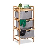 Relaxdays Wäschesortierer Bambus, 3 herausnehmbare Fächer, Bad & Schlafzimmer, Regal, HBT: 96 x 44 x 34,5 cm, natur/grau