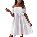 Komiseup Sommerkleid Damen, Strandkleid Damen, Kleider Damen Sommer, Mode Frauen Sexy Eine Schulter Einfarbig Lose Beiläufige Backless Kurzarm Schulterfrei Boho Kleid Stranderkleider Freizeitkleid