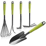 com-four® 5-teiliges Garten-Werkzeug-Set - Gartenset mit Doppelhacke, Kleingrubber, Fugenkratzer, Handrechen, Blumenkelle - Gartenwerkzeug für Pflanzen und Gartenarbeit (005 Stück - grün)