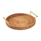 Handgeflochtenes Rattan-Serviertablett, dekorative runde Rattan-Aufbewahrungsplatte mit Griffen, rustikale Frühstücks-, Obst-, Snack-, Kaffee- und Teekörbe Schrankorganisatoren Und (A, One Size)