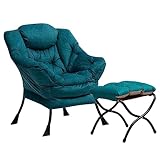 HollyHOME Relaxsessel Sessel mit Fußhocker Stahlrahmen Samtstoff Relaxliege Freizeitsofa Chaiselongue Fauler Stuhl Relax Loungesessel, Blau Grün