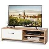 KOMFOTTEU TV Lowboard für Fernseher bis zu 55 Zoll, moderner Fernsehtisch mit Schublade & 2 offenen Regalen, Fernsehschrank für Wohnzimmer Schlafzimmer, 120 x 42 x 35cm(L x B x H), Weiß + Natur