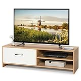 KOMFOTTEU TV Lowboard für Fernseher bis zu 55 Zoll, moderner Fernsehtisch mit Schublade & 2 offenen Regalen, Fernsehschrank für Wohnzimmer Schlafzimmer, 120 x 42 x 35cm(L x B x H), Weiß + Natur