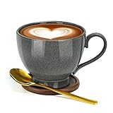 Cappuccino Tassen Groß, Kaffeetasse Groß 500ml Groß Keramik Kaffeetassen Becher, Dickwandige Kaffeetassen mit Untertasse und Löffel, Vintage Cafe Tasse，Große Espressotassen (Grau)