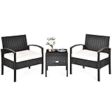 GIANTEX Balkonmöbel Kleiner Balkon, Rattan Gartenmöbel Set 2 Stühlen mit Tisch, Gartentisch mit Stauraum, Rattan Balkonmöbel Set Balkon 2 Personen, Balkon Möbel für kleinen Balkon, inkl. Kissen