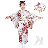 KRUIHAN Japanische Stil Mädchen Traditionelle Kimono Kinder Yukata Robe Imitation Seide Satin Kleid Kinder Cosplay Kostüme Party Kleid,mit Falten Fan und Tabi Socken,Weiß,150