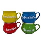 BURI Keramik Suppentassen 4er-Set Tasse Schüssel 400ml Suppenschalen Schüsselset Suppentasse mit Henkel - 4 Stück Suppenschüsseln bunt für Gulasch und Suppen aller Art